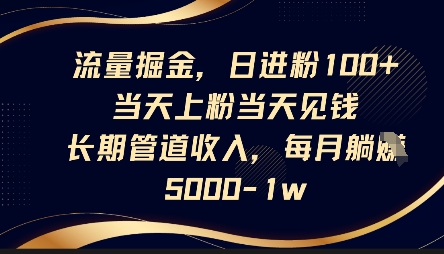 流量掘金,日进粉100+,当天上粉当天见钱,长期管道收入,每月躺挣5k-有点东西站
